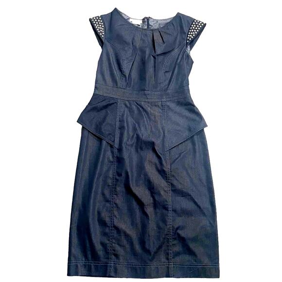 London Times Peplum Sheath Dress Womens 4 Blue Studded Cap Sleeves Stretch Denim - Picture 1 of 9